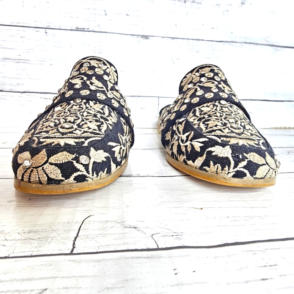 Montana West Black & Ivory Cream Embroidered Rhinestone Mules Flats Shoes - Picture 10 of 16